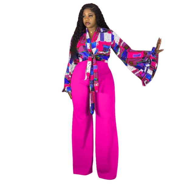 Women's Clothing Suit Autumn Large Size Printed Trumpet Sleeve Top Wide Leg Pants Two Piece Suit_ecoleips.com
