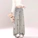 Cartoon Puppy Embroidered Straight-leg Jeans For Women, Large Size, High Waist, Loose And Slimming, Washed And Aged Wide-leg Pants_ecoleips.com