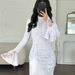 Muslim Dress Women Elegant Lace Bodycon Evening Dress With Flared Sleeves – High Waist Long Dress For Women In Peacock Blue, Pink & White_ecoleips.com