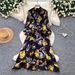 Retro Print Stand Collar Long Sleeve Dress Korean Style Slim Fit Waist Cinching A Line Elegant Long Dress For Women Summer Commuting_ecoleips.com