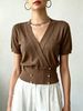 Women Lightweight Breathable Wrap V Neck Knit Top Short Sleeve Gold Button Slim Cropped Knit Blouse_ecoleips.com