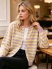 Lilac Yellow Stripe Crew Neck Pit Rib Knit Cardigan, Loose Lightweight Breathable Soft Skin-touch Button Air Conditioning Jacket_ecoleips.com