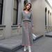 Women's Fashion Color Block V Neck Knit Top With Single Breasted Slim Fit Skirt Spring Autumn Loose Pant Set_ecoleips.com