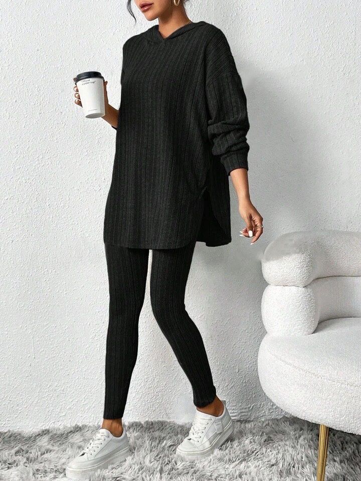 Women's Clothing Solid Color Fashion Ribbed Loose Hooded Long Sleeved Top Threaded Trousers Suit_ecoleips.com