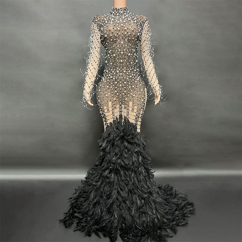 Women's Clothing Novans New Female Singer Car Model Dance Rhinestone Black Feather Long Dress Tail Dress Stage Performance Costume_ecoleips.com