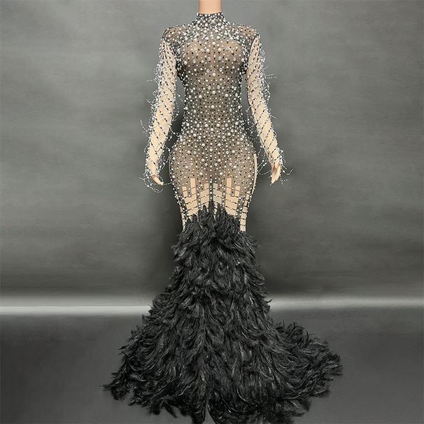 Women's Clothing Novans New Female Singer Car Model Dance Rhinestone Black Feather Long Dress Tail Dress Stage Performance Costume_ecoleips.com