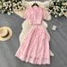Women's Clothing Celebrity Style Suit For Women Lace Hook Flower Puff Sleeve Shirt Two Piece High Waist Slim Skirt_ecoleips.com