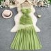 Women's Clothing Seaside Holiday Style Sexy Mesh Splicing Suspender Dress Pleated Waist Slim Drape Long Skirt_ecoleips.com