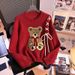 Christmas Red Knit Sweater – Cute Teddy Bear & Bow Design, Sweet & Slimming Fit_ecoleips.com