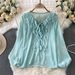 Elegant French Style Women's Chiffon Blouse Ruffled V-Neck Lantern Sleeve Regular Fit Summer Base Layer Top_ecoleips.com