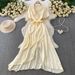 Vacation-Inspired V-Neck Maxi Dress With Waist Tie – Elegant Ruffle Hem & Side Slit, Flowy A-Line Dress For Women, Summer Boho Chic_ecoleips.com