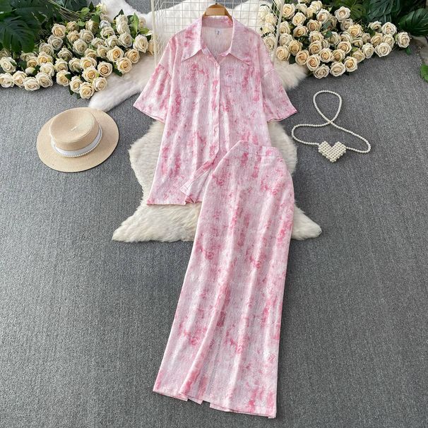 Women's Clothing French Style Sweet And Gentle Dopamine Print Collared Midi Shirt And High Waisted Slimming Midi Skirt Two Piece Set For Women_ecoleips.com