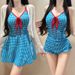 Plus Size One Piece Swimsuit Women's Retro Plaid Long Sleeved Outer Mesh Sun Protection Three Piece Set For Slightly Chubby Girls Concealing Flaws_ecoleips.com