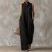 Women's Resort Style Jumpsuit Sleeveless Stand Up Collar Linen Button Down Loose Fit Wide Legs Relaxed Everyday Wear Versatile Feshion Trend_ecoleips.com