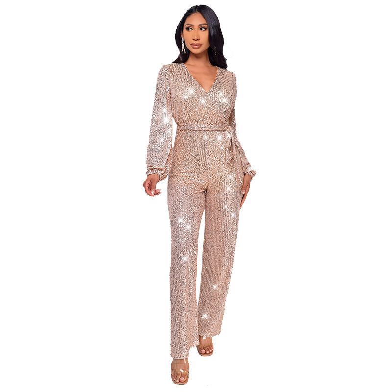 Women's Clothing Deep V Long Sleeved Jumpsuit Summer High Waist Wide Leg Sequin Belt Jumpsuit_ecoleips.com