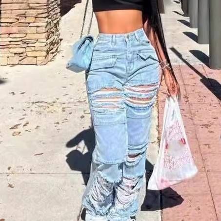 Women's Clothing New Casual Denim Trousers In Stock Explosive Ripped Jeans_ecoleips.com