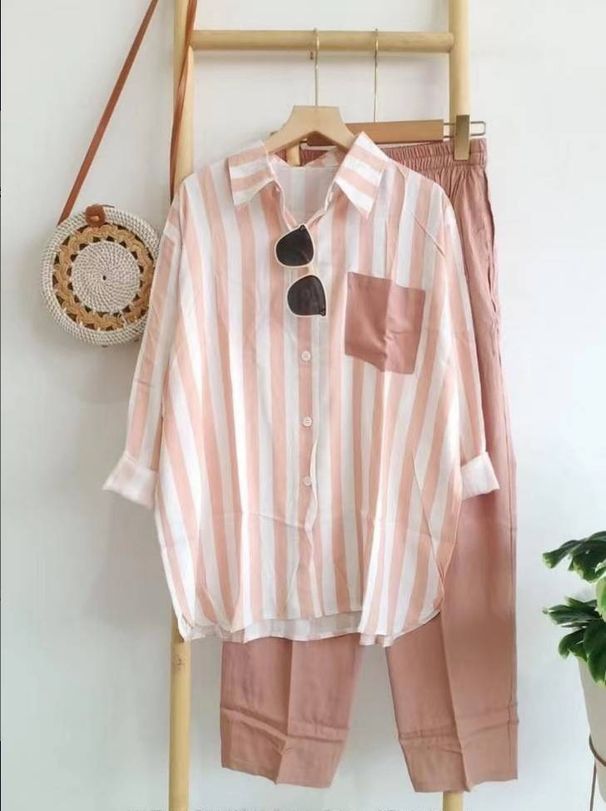 Spring And Summer Leisure Cotton And Linen Vacation Striped Comfortable Long-sleeved Two-piece Suit_ecoleips.com