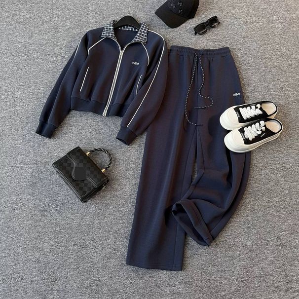 Women's Casual Tracksuit Set - Navy Blue Stand Collar Sweatshirt & Straight Leg Pants, Letter Print Two-Piece Outfit_ecoleips.com