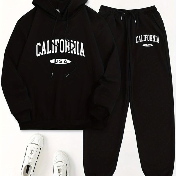 Women's Autumn And Winter Fashion Casual California USA Letter Printed Thick Suede Warm Hooded Sweatshirt+sports Pants Set-819_ecoleips.com
