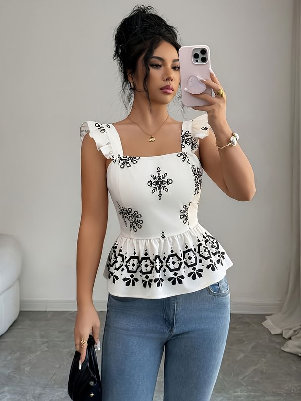 2026 European And American Spring And Summer Women's Outerwear Printed Small Shirt Sweet Style Bow Tie Strap Strap Backless Shirt_ecoleips.com