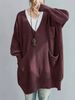 Wine Red Deep V Multi Pocket Pit Rib Knit Tunic Sweater, Oversized Loose Lightweight Breathable Soft Skin-touch Long Sleeve Pullover_ecoleips.com