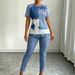 Women's Summer Two Piece Set Faux Denim Print Patchwork round Neck Short Sleeve Tie Dye Top Slim Fit Skinny Pants_ecoleips.com