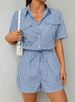Women's Clothing Striped Button Front Placket Casual Short Sleeved Waist Jumpsuit_ecoleips.com