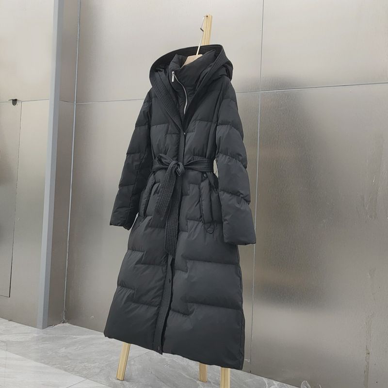 Women's Long Hooded Down Coat With Belt, Knee-Length Thickened Slim Fit Winter Jacket For Fashion & Warmth_ecoleips.com