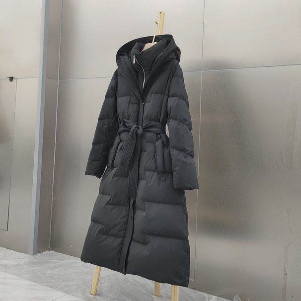 Women's Long Hooded Down Coat With Belt, Knee-Length Thickened Slim Fit Winter Jacket For Fashion & Warmth_ecoleips.com