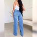 Women's Clothing New Style Ripped Denim Trousers High Waisted Loose Straight Leg Drapey Wide Leg Floor Length Trousers_ecoleips.com