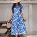 Elegant Long Dress For Women Large Floral Design Multi Layer Ruffles Blue Style_ecoleips.com