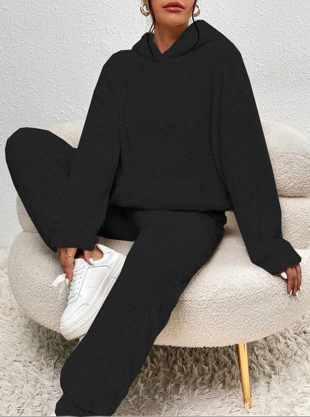 In-stock European American Cross-border 2025 Autumn Winter Solid Color Women's Two-piece Set: Hooded Long-sleeve Top_ecoleips.com