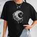 Women's Clothing Women's Casual Black T-Shirt Round Neck Short Sleeve Moon Print Simple Sports Top Style Loose Fit_ecoleips.com