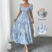 Women's Summer Elegant Sketch Print Dress Square Neck Long Puff Sleeve Loose Fit Relaxed Style_ecoleips.com