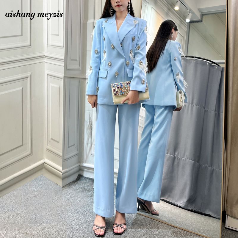 High-End Socialite Lady Suit For Women 2025 Spring Autumn New Style With Rhinestones And Feather Flared Trousers_ecoleips.com