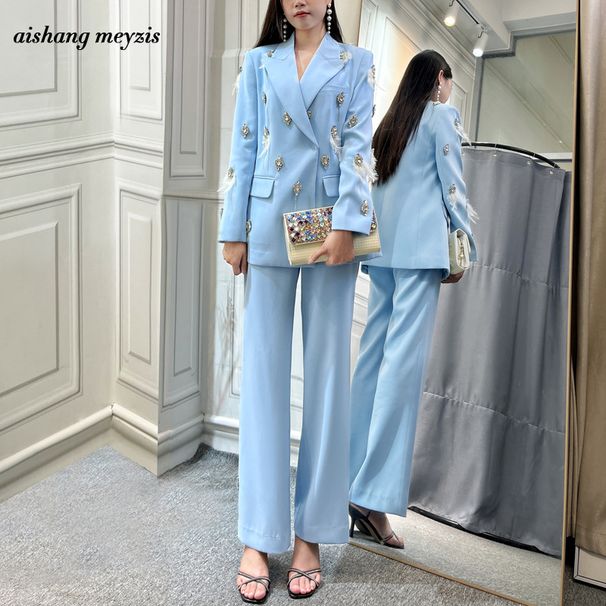 High-End Socialite Lady Suit For Women 2025 Spring Autumn New Style With Rhinestones And Feather Flared Trousers_ecoleips.com
