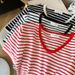 Women's Clothing Summer Style Women's T-Shirt V Neck Striped Short Sleeve Ice Silk Knit Fashionable Top For Ladies_ecoleips.com
