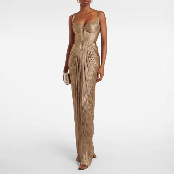 Elegant Pleated Gold-Tie Maxi Dress With High Slit For Casual & Party Wear – British Style, Polyester Blend, S/M/L/XL_ecoleips.com