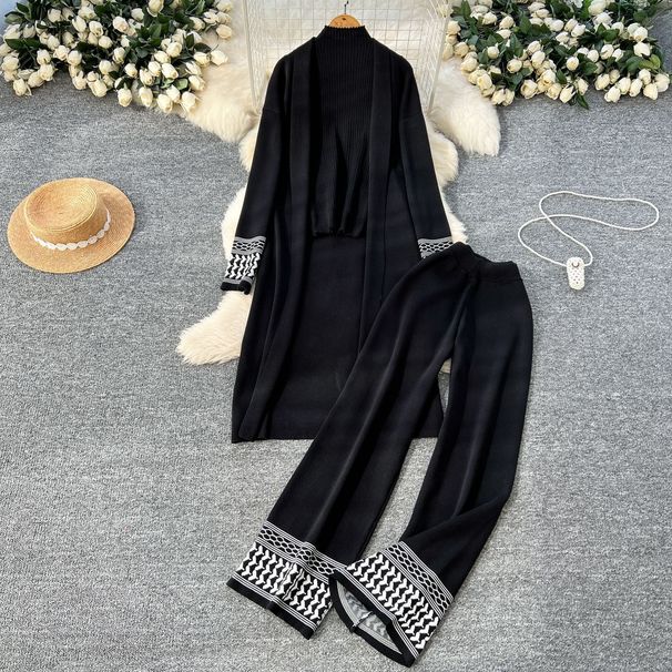 European And American Jacquard Casual Suit Women's Shawl Jacket+round Neck Base Knit Sweater+wide Leg Pants Three Piece Set_ecoleips.com