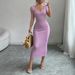 Women's Purple Sweetheart Neck Short Sleeve Stretchy Ribbed Knit Bodycon Midi Dress Summer Beach Vacation Party Long Dress_ecoleips.com