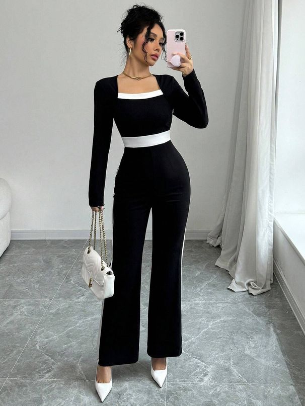 Women's Elegant Long Sleeve Square Neck Jumpsuit Contrast Panel Detail Slim Fit for Spring And Fall_ecoleips.com