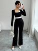 Women's Elegant Long Sleeve Square Neck Jumpsuit Contrast Panel Detail Slim Fit for Spring And Fall_ecoleips.com