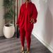 Women’s Clothing V neck lantern sleeves bottom slit shirt and trousers two piece set_ecoleips.com