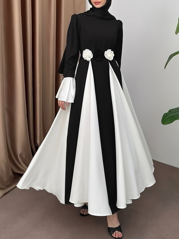 Women's Clothing Color Contrast Design With Flower Belt Long Temperament Elegant Dress_ecoleips.com
