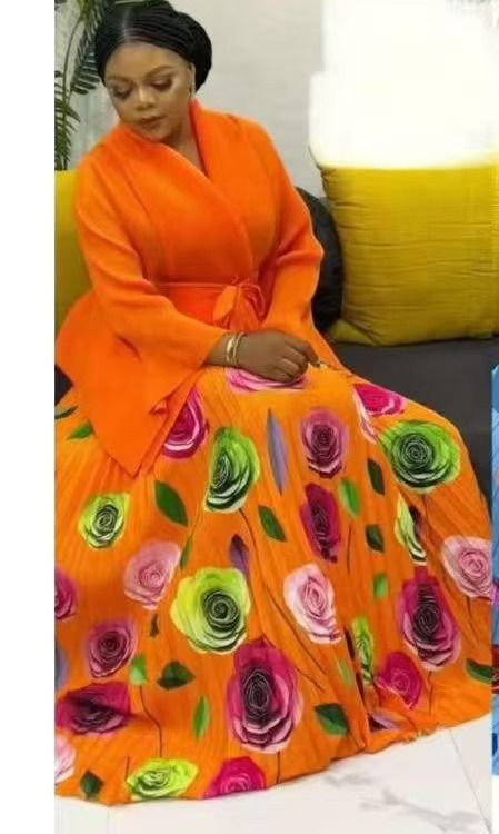 Women's Clothing Plus Size Clothes Elegant Pleated Floral Print Set – Stylish Top & Full Skirt Combo In Black/Rose Red/Orange-Red/Royal Blue/White_ecoleips.com