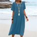 Cross-border 2023 European And American Summer Loose Casual Cotton Linen Solid Color Round Neck Short Sleeve_ecoleips.com