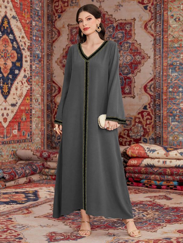 Women's Clothing Temperament V Neck Dress Loose Fashion Embroidered Long Skirt_ecoleips.com