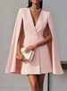 Elegant Double-breasted Shawl Cape Solid Color Suit Dress For Women In Autumn Fashion Black Deep V Neck Mini Dresses Robe Femme_ecoleips.com