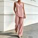 Women's Casual V-Neck Cotton Linen Top And Wide Leg Pants Two-Piece Set Fashion For Comfortable Style_ecoleips.com