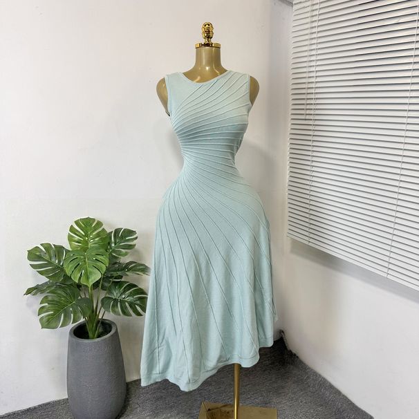 Women's French Style Sleeveless Knit Dress Water Ripple Pattern Bodycon Long Skirt Summer Style Slanted Neck Cool Silk Irregular A-Line Skirt_ecoleips.com